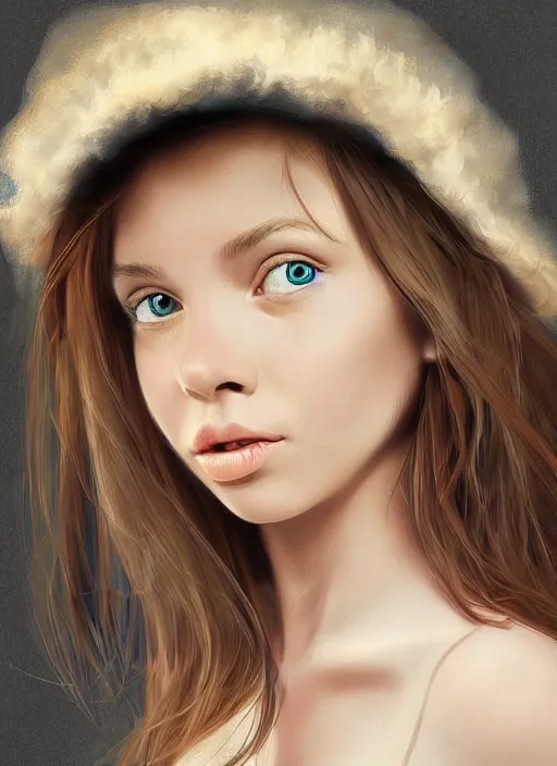 Image similar to a higly detailed digital art portrait of a cute, playful young woman by mel milton