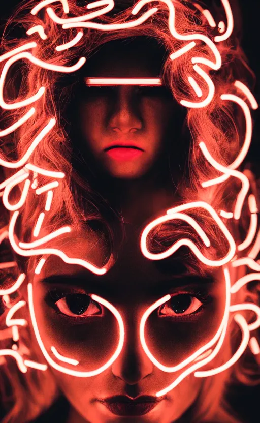 Image similar to A woman with glowing eyes, neon on black, dramatic, cinematic, Sony a7R IV, symmetric balance, polarizing filter, Photolab, Lightroom, 4K, Dolby Vision, Photography Award