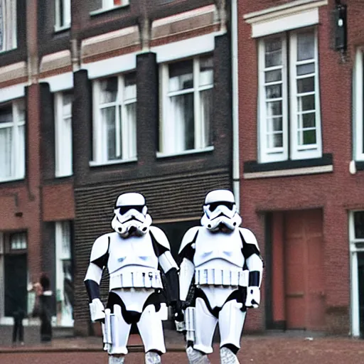 Image similar to stormtroopers walking in amsterdam, digital art