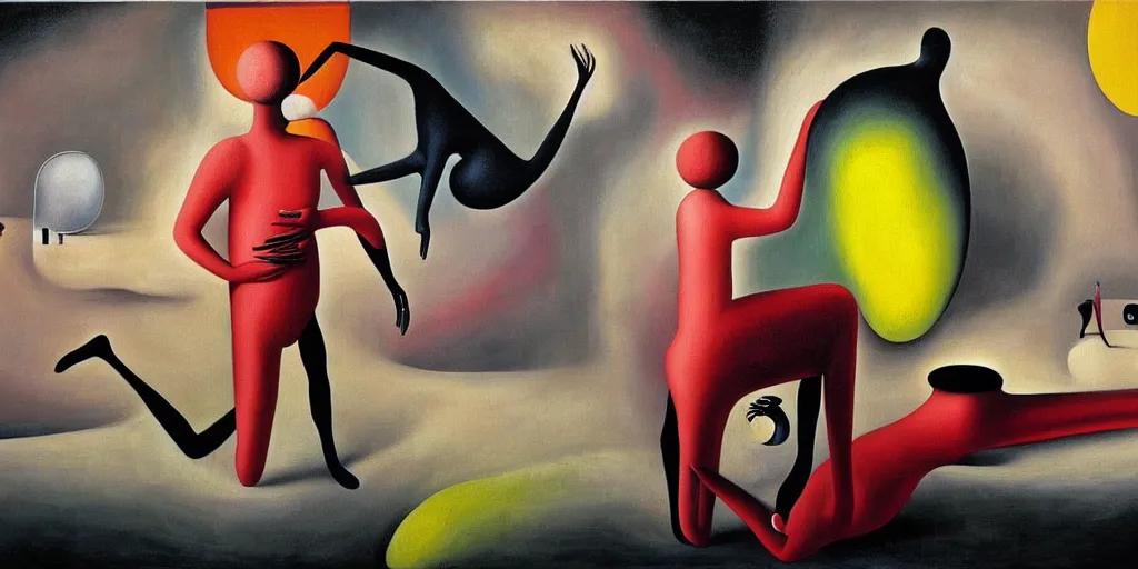 Image similar to surrealist painting by painting by gottfried helnwein, yves tanguy, leonora carrington, max ernst, a man being overcome by love conciseness, psychedelic dripping colors