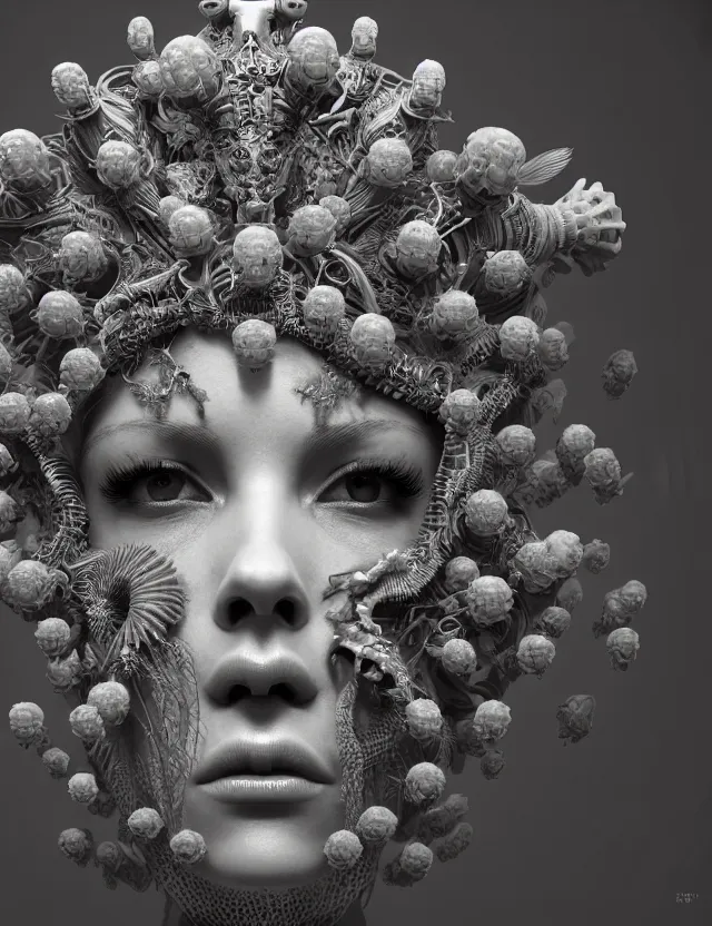 Prompt: symmetrical, centered, goddess close-up portrait wigh crown made of skulls. betta fish, phoenix, bioluminiscent creature, intricate artwork by Tooth Wu and wlop and beeple. octane render, trending on artstation, greg rutkowski very coherent symmetrical artwork. cinematic, hyper realism, high detail, octane render, 8k