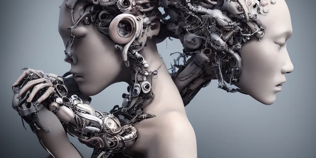 Image similar to hyper realistic photography of a stunningly beautiful cyborg female, elbow, intimate, holding close, in the style of beth cavener, jin kagetsu, wlop, rankin, highly detailed, intricate filigree, symmetry, masterpiece,, concept art, highkey lighting, ambient lighting, octane render, 8 k, artstation