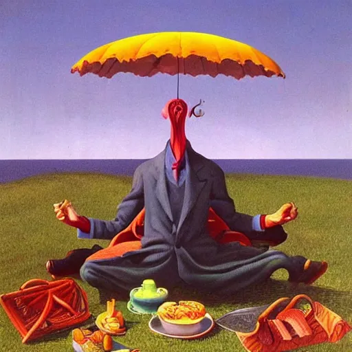 Image similar to a happy man having a picnic on a nice day, surrealist art in the style of salvador dali and zdzisław beksinski, highly detailed, trending on wikiart