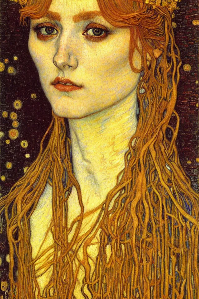 Image similar to detailed realistic beautiful young medieval queen face portrait by jean delville, gustav klimt and vincent van gogh, art nouveau, symbolist, visionary, gothic, pre - raphaelite, muted earthy colors, desaturated