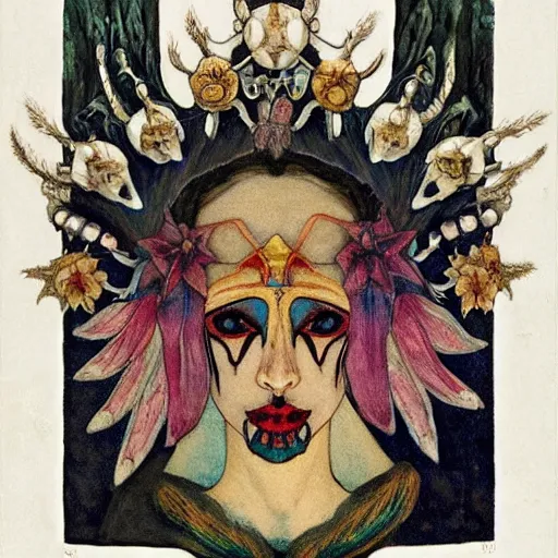 Image similar to the bone crown, by Annie Swynnerton and Nicholas Roerich and (((Diego Rivera))) and (((Edmund Dulac))), bioluminescent skin, floral tattoos, goth, iridescent beetles, elaborate costume, geometric ornament, symbolist, rich colors, dramatic lighting, smooth, sharp focus, extremely detailed