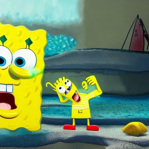 Image similar to real life SpongeBob squarepants and Patrick portrait, render, 4k, hyper realism, photo realistic