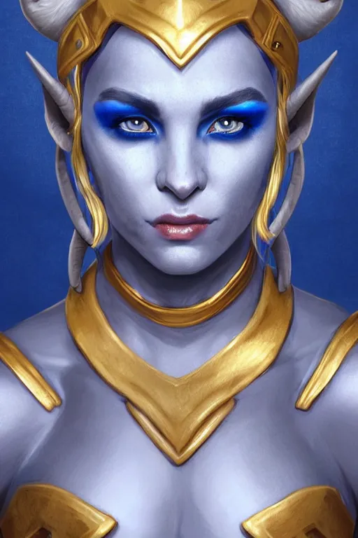 Prompt: head and shoulders portrait of a blue - skinned, blue skin, blue makeup, female tiefling cleric, ram horns, beautiful, gold armor, d & d, high fantasy, by artgerm, facial detail, extremely detailed, digital art