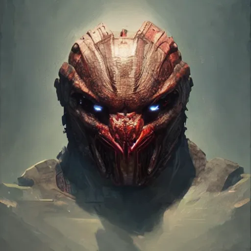 Image similar to A frontal head portrait of The Predator , by dreadjim, Greg Rutkowski, james gurney, epic scifi character art, Exquisite detail, post-processing, low angle view, masterpiece, cinematic