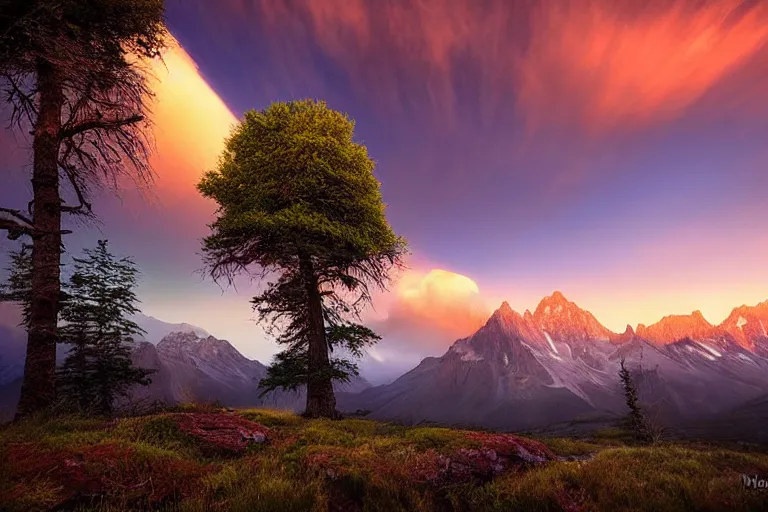 Image similar to beautiful landscape photo by marc adamus, mountains, tree in the foreground, dramatic sky,