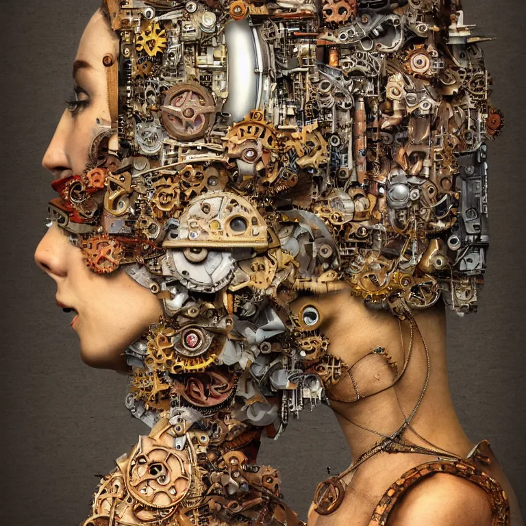 Image similar to profile portrait of a woman, computer parts, mechanical parts, by giuseppe arcimboldo, steampunk, cyberpunk, futuristic, psychedelic, surreal, sci - fi, vaporwave, alien, dreamlike.