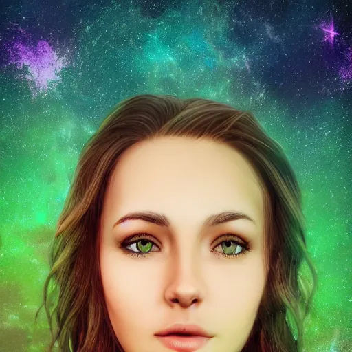 Image similar to an hd photo of a young woman with short brown hair, green eyes, beautiful trees in the background, night sky with multicolor stars and galaxies, trending on artstation