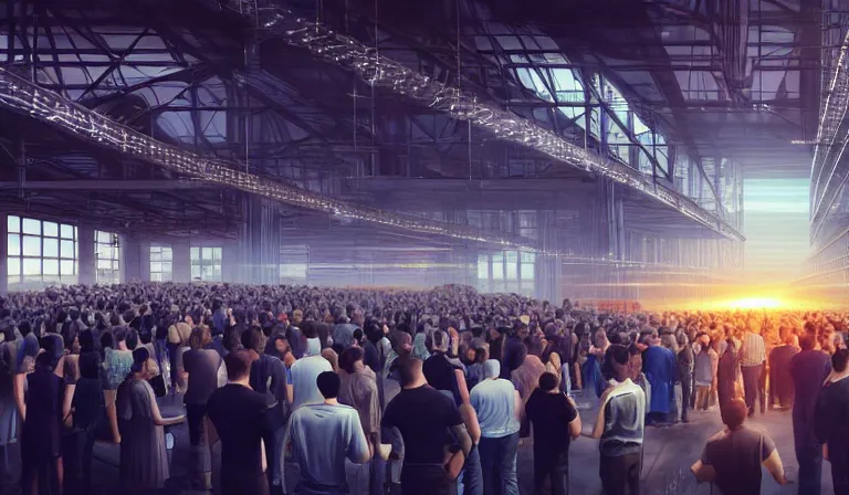 Image similar to crowd of people in simple warehouse, looking at hologram of futuristic city on a table, cinematic concept art, godrays, golden hour, natural sunlight, 4 k, clear details, tabletop model buildings, center model buildings, hologram center, crane shot, crane shot, crane shot