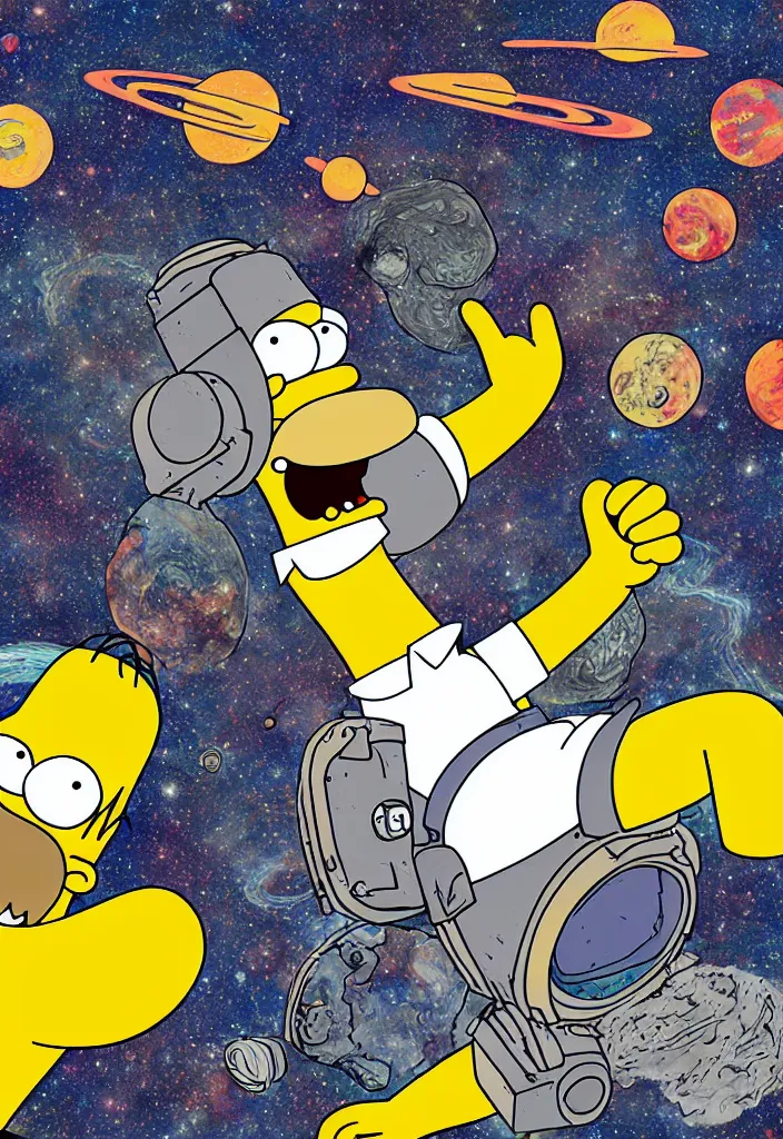 Image similar to Homer Simpson breaking the fabric of space, digital art
