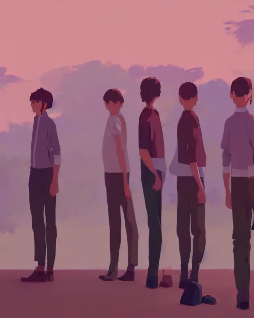 Image similar to a line of male statures lined up, james gilleard, atey ghailan, makoto shinkai, goro fujita, studio ghibli, rim light, exquisite lighting, clear focus, very coherent, plain background, soft painting