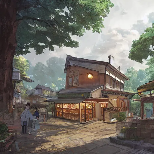 Image similar to concept art painting of a historic bakery with european and japanese architecture, in a woodland village surrounded by trees, realistic, detailed, cel shaded, in the style of makoto shinkai and greg rutkowski and james gurney