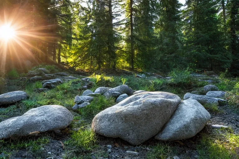 Prompt: Rocks in the middle of an evergreen forest with a ray of sunshine, photograph, professional photography