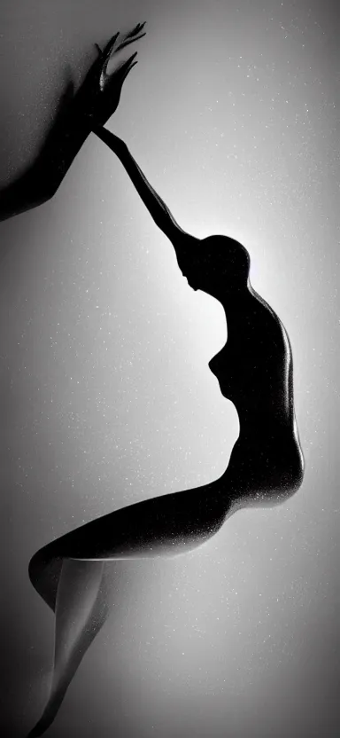 Image similar to film still, perfect female body silhouette, liquid sculpture, astral clockwork, abstract shapes, photorealism, beautiful portrait, white and black latex mixture, black ink, body acts photography, abstract art, concept art, matte painting, bokeh lights, one point light, elegant, weta fx, weta digital, artstation