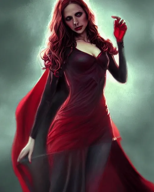 Image similar to Scarlet witch outfit Sarah Michelle Gellar, black magic, realistic character concept, full body, scary pose, comic book, illustration,;cinematic lighting, high resolution, Charlie Bowater, Norman Rockwell, symmetrical eyes, single face, detailed and intricate, beautiful