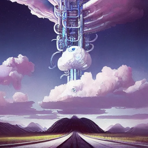 Prompt: beautiful painting of a landscape of glitched cloud ramifications and alien white monuments blossoming in the style of Simon Stålenhag and H. R. Giger, detailed, trending on Artstation