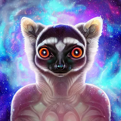 Prompt: Geometric symmetrical lemur with galaxy eyes in space, nebula in the background, intricate, elegant, highly detailed, digital painting, artstation, concept art, smooth, sharp focus, illustration, art by artgerm