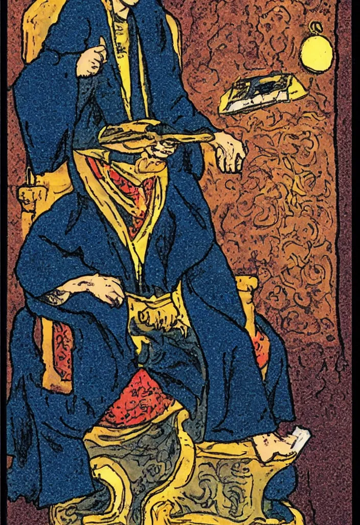 Image similar to Yann LeCun sitting on the throne on a tarot card, illustrated on the Rider–Waite tarot.