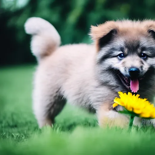 Image similar to a keeshond puppy sniffing a flower, sigma 8 5 mm f / 1. 4