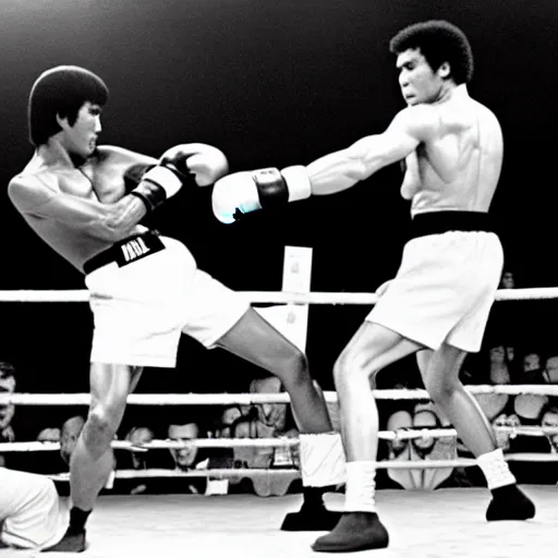 Image similar to bruce lee vs muhammad ali, arena fight, boxing ring