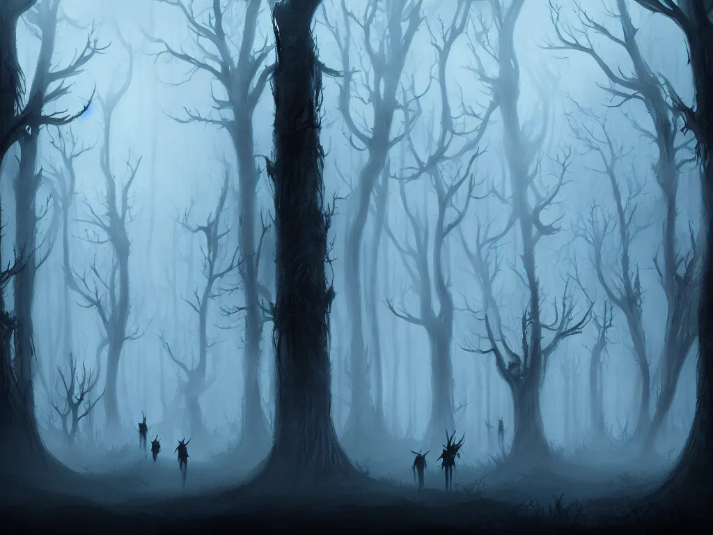 Image similar to fantasy haunted dark forest, foggy, detailed, digital art, a dark forest with adventurers surrounded by evil spirits that lurk in the shadows, by Anato Finnstark, artstation