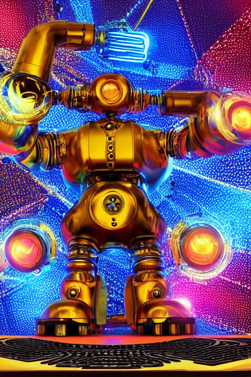 Image similar to portrait photo of a giant huge golden and blue metal futuristic steampunk robot covered with multicolored big gears and tubes, robot holds a red fender stratocaster, eyes are glowing red lightbulbs, shiny crisp finish, 3 d render, 8 k, insaneley detailed, fluorescent colors, background is multicolored lasershow