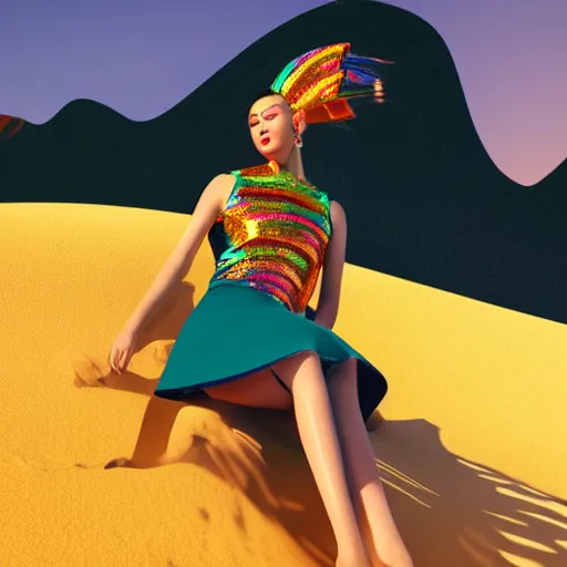 Image similar to innovative avant-garde art, deco fashion, asian women, wearing rainbow color, highly detailed, photo-realistic portrait, serene desert setting, golden hour, crisp quality and light reflections, unreal engine 5 quality render