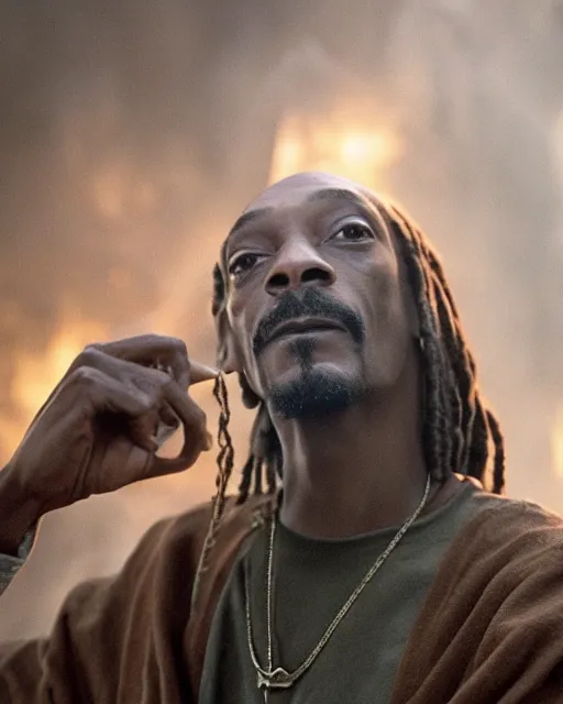 Image similar to Snoop Dogg in the role of Gandalf the Grey, balrog fighting scene in the cave, film still, amazing short, 8K, IMAX, ultra detailed