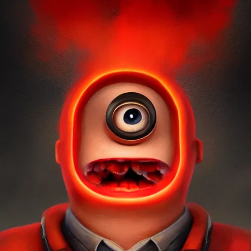 Prompt: an epic painting minion, red angry face with nuclear explosion of his head, perfect composition, golden ratio, beautiful detailed, photorealistic, digital painting, concept art, smooth, sharp focus, illustration, artstation trending, octane render, unreal engine