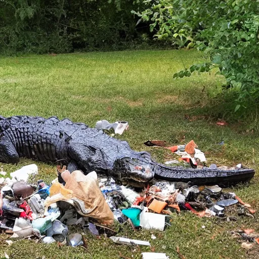 Image similar to one large alligator on a leash sleeping next to a very large mound of trash, papers, junk, and metal parts in a suburban yard