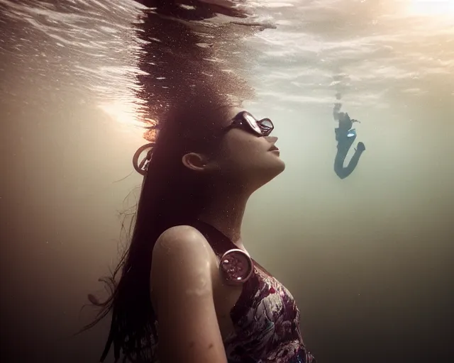 Image similar to beautiful female portrait, full body, diver in long flowy dress, underwater, cinematic volumetric lighting, soft bokeh, glow, 8 k, by wlop, by ross tran, fashion photography