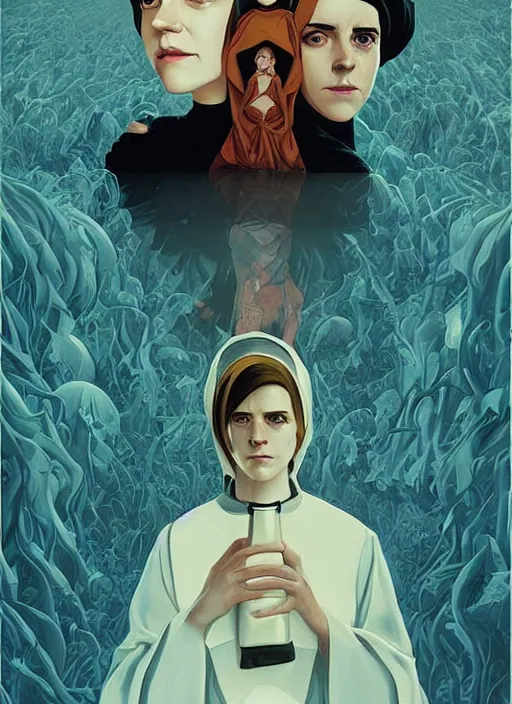 Prompt: poster artwork by Michael Whelan and Tomer Hanuka, Karol Bak of Emma Watson nun, realizing she has feelings for scientist Kiernan Shipka, from scene from Twin Peaks, clean