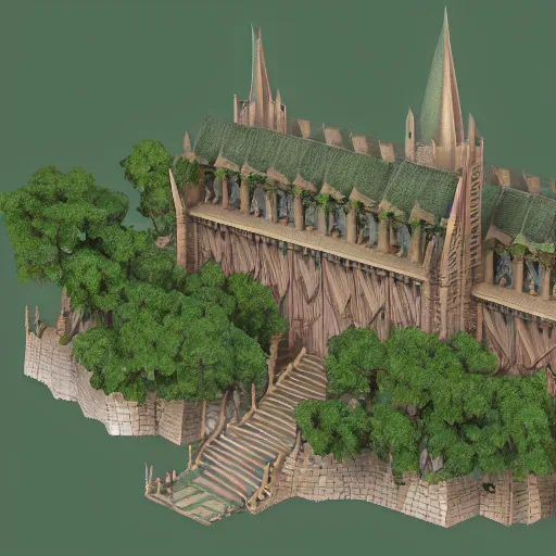 Image similar to a low poly, isometric view of rivendell, highly detailed render