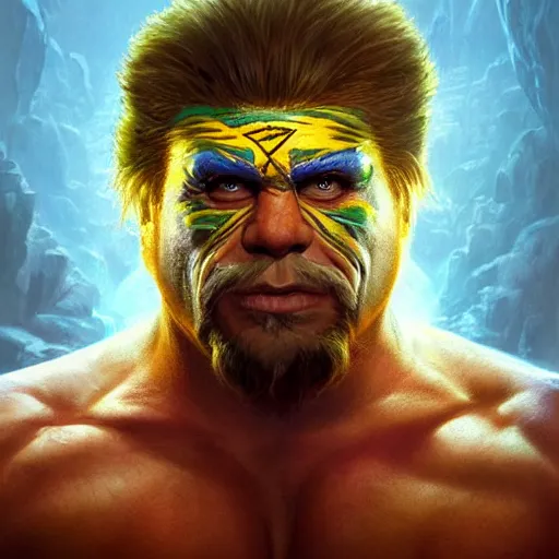 Prompt: The ultimate warrior, WWF, cinematic lighting, highly detailed, digital painting, concept art, smooth, sharp focus, illustration, art by Artgerm and Greg Rutkowski