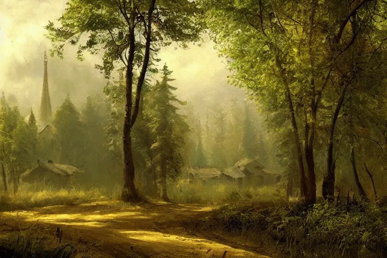 Image similar to A beautiful painting of russian village in dark forest by ivan shishkin and arkhip kuindji, trending on artstation,matte painting