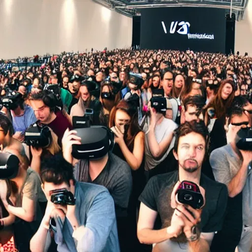 Prompt: huge crowd of people wearing VR headsets, photoreal