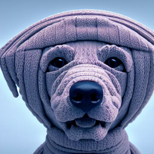 Image similar to robotic dog wearing a large scarf around its neck. 3 d render, oktane, post - processing, 8 k, cinematic lighting