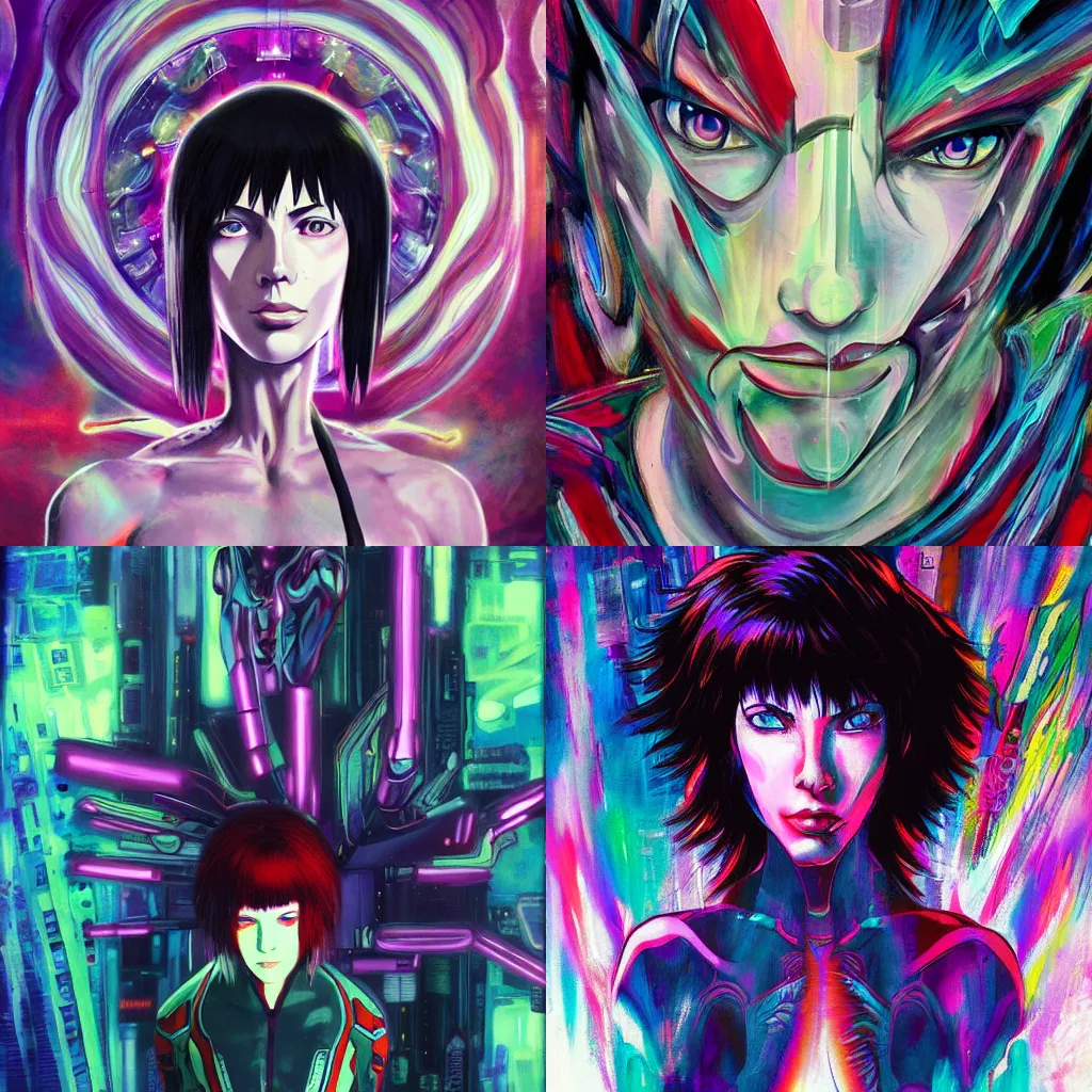 Prompt: psychedelic painting of Ghost in the Shell, trending on artstation