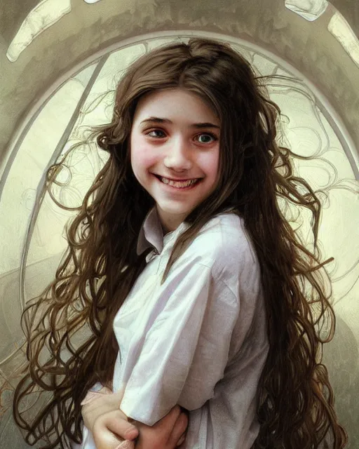 Image similar to portrait of 1 5 - year - old girl, little smile, with large front teeth, hermione, very bushy brown hair, and very bright brown eyes, wearing white shirt, hyper realistic face, beautiful eyes, close up, fantasy art, in the style of greg rutkowski, intricate, alphonse mucha, hyper detailed, smooth