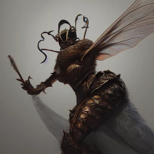 Image similar to Anthropomorphized queen bee, D&D, fantasy, cinematic lighting, highly detailed, digital painting, artstation, concept art, smooth, sharp focus, illustration, warm light, cozy warm tint, magic the gathering artwork, volumetric lighting, 8k, no gold, no gold colours, art by Akihiko Yoshida, Greg Rutkowski