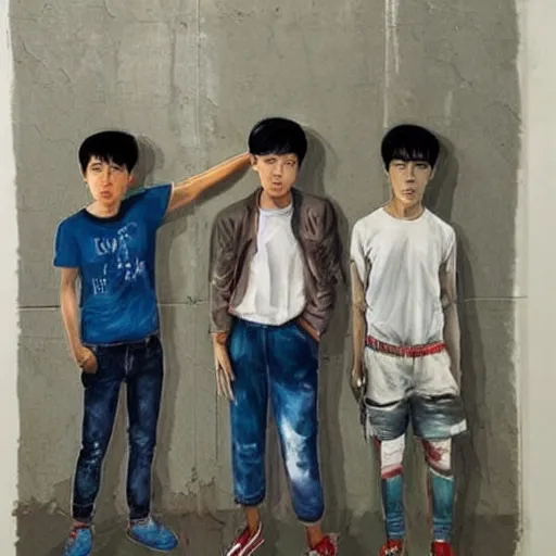 Image similar to on the right side, a korean boy stand and look left. the boy have towned clothes and he look dirty and poor. on the left side a korean boy stand and look right, this boy rich and have good clothes. in the middle of the picture there's an wall that seperate the two boys. painting.