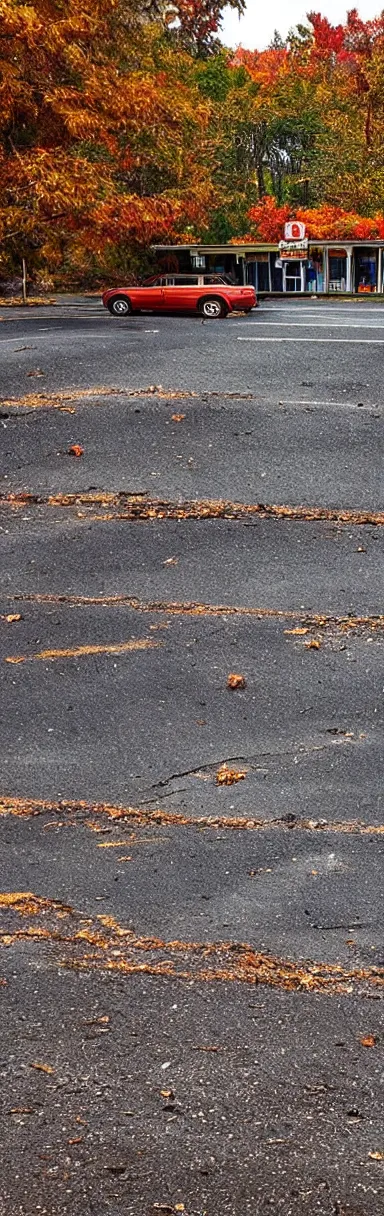 Image similar to “panorama of an abandoned gas station parking lot autumn forest realistic detailed low angle cinematic camera detail cracked pavement wide angle”