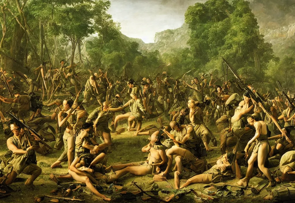 Prompt: vietnam war by jacques - louis david, green jungle, helicopters, battlefield