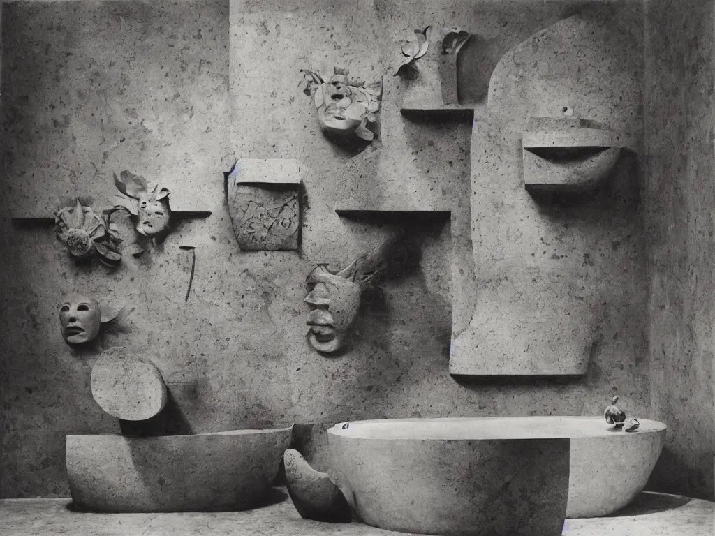 Image similar to brutalist interior with stone bathtub with polynesian mask and lily. karl blossfeldt, henri moore, salvador dali