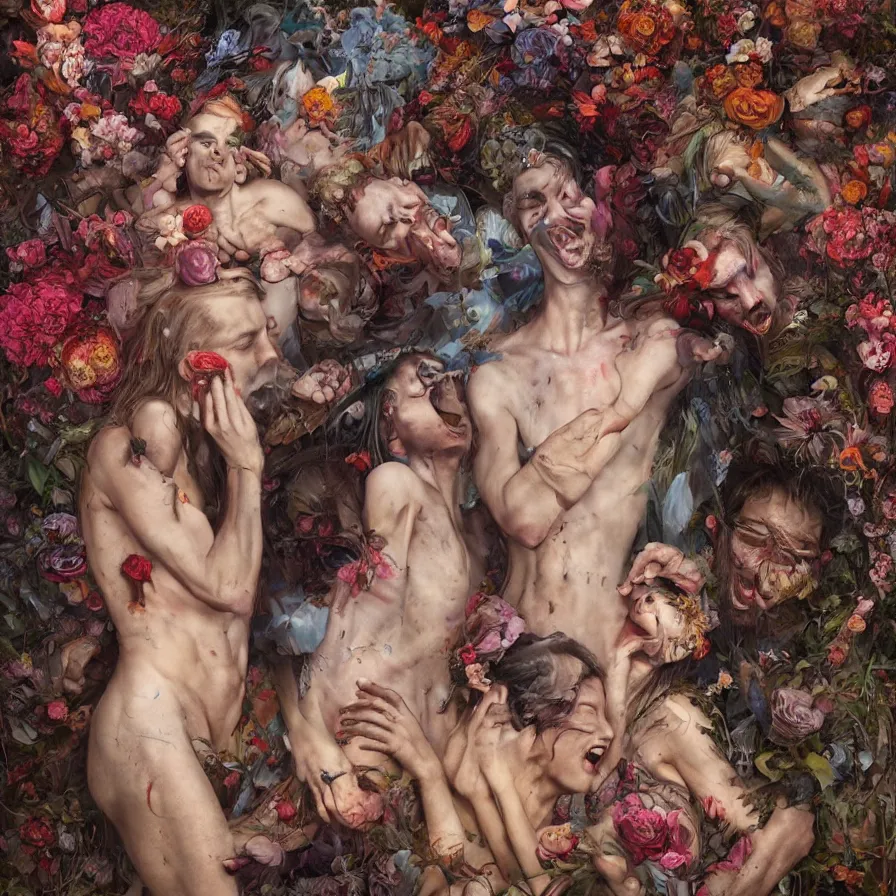 Image similar to male portrait of anorexic family eating rotten flesh and puking blood wearing a thong, surrounded by flowers by karol bak, james jean, tom bagshaw, rococo, trending on artstation, cinematic lighting, hyper realism, dramatic, emotional, octane render, 8 k, hyper detailed.