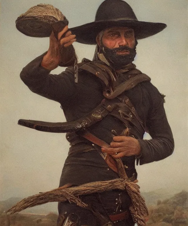 Image similar to ultra realistic color portrait painting of a spanish bandolero 1 9 th century with a trabuco, dark, painted, brooding, atmospheric, landscape, smooth, epic, highly detailed, cinematic