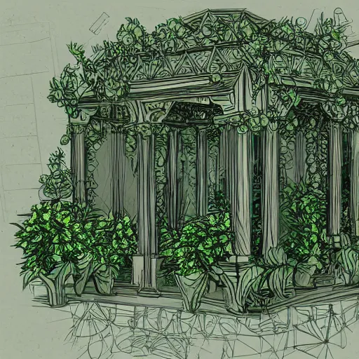 Prompt: annotated highly, detailed and intricate, sketch of a cubicle full of green plants, marker concept art style rendering, concept art, half blueprint, trending on artstation, intricate details, center frame, annotations